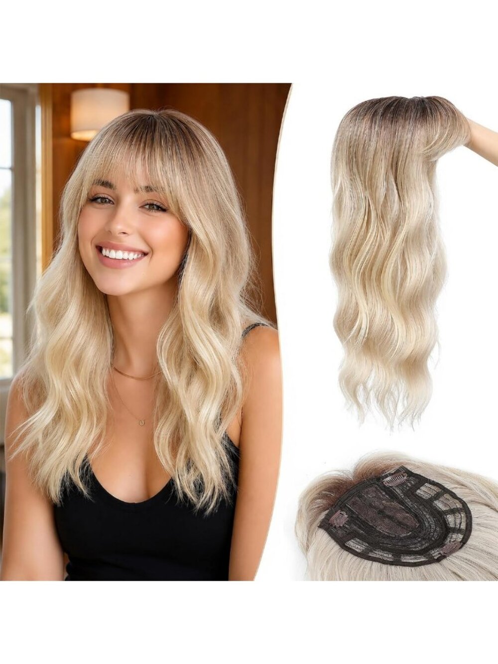 Thinning Hair Solutions: 18" Curly Wavy Clip-In Hair Toppers with Bangs, Ash